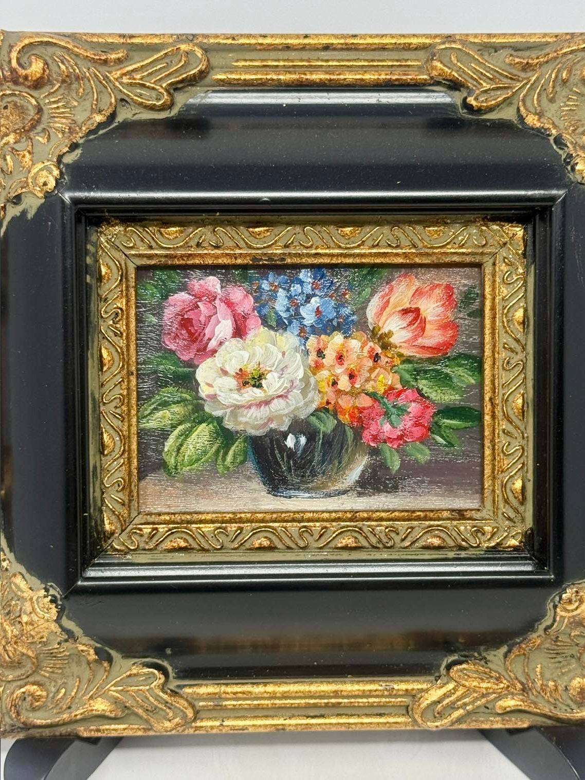 Vintage Mini Floral Still Life Painting Ornate Black Gold Frame 8x7