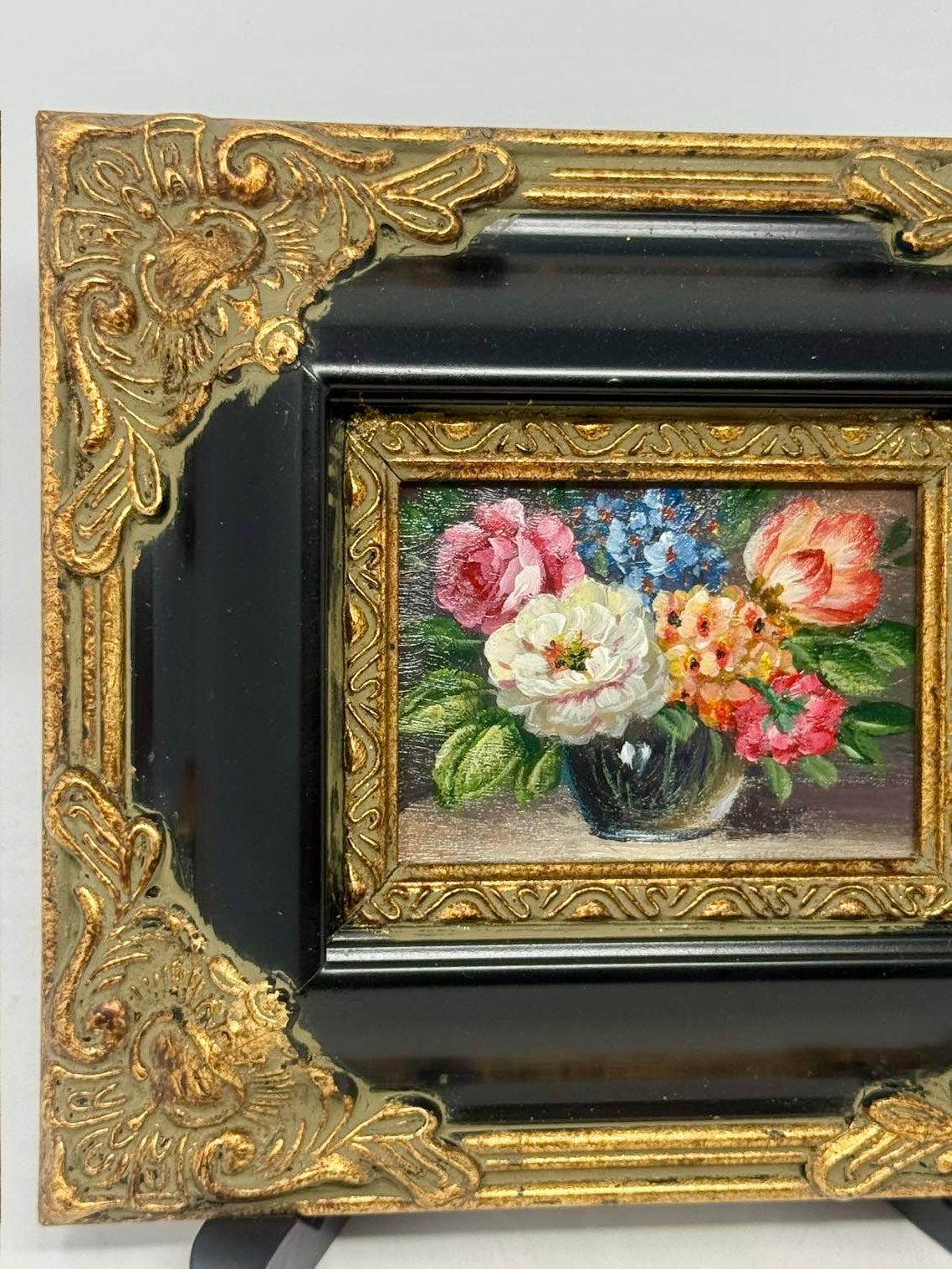 Vintage Mini Floral Still Life Painting Ornate Black Gold Frame 8x7