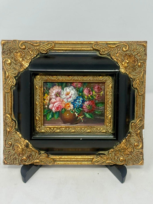 Vintage Mini Floral Still Life Painting Ornate Black Gold Frame 8x7