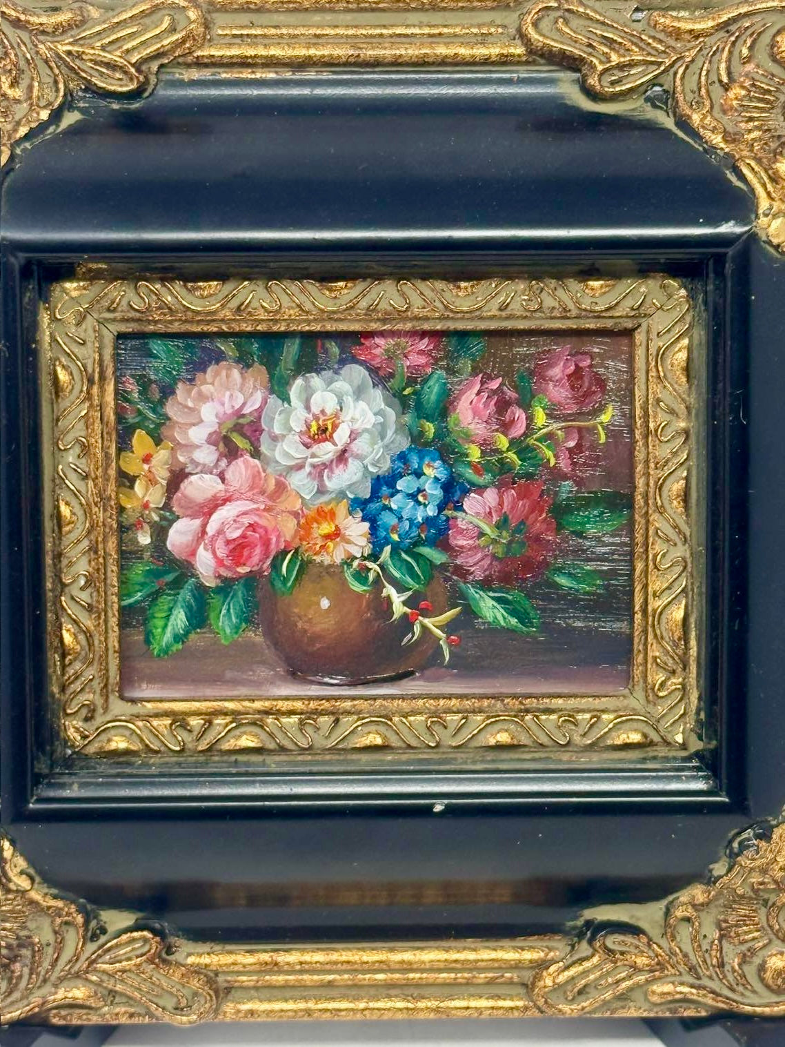 Vintage Mini Floral Still Life Painting Ornate Black Gold Frame 8x7