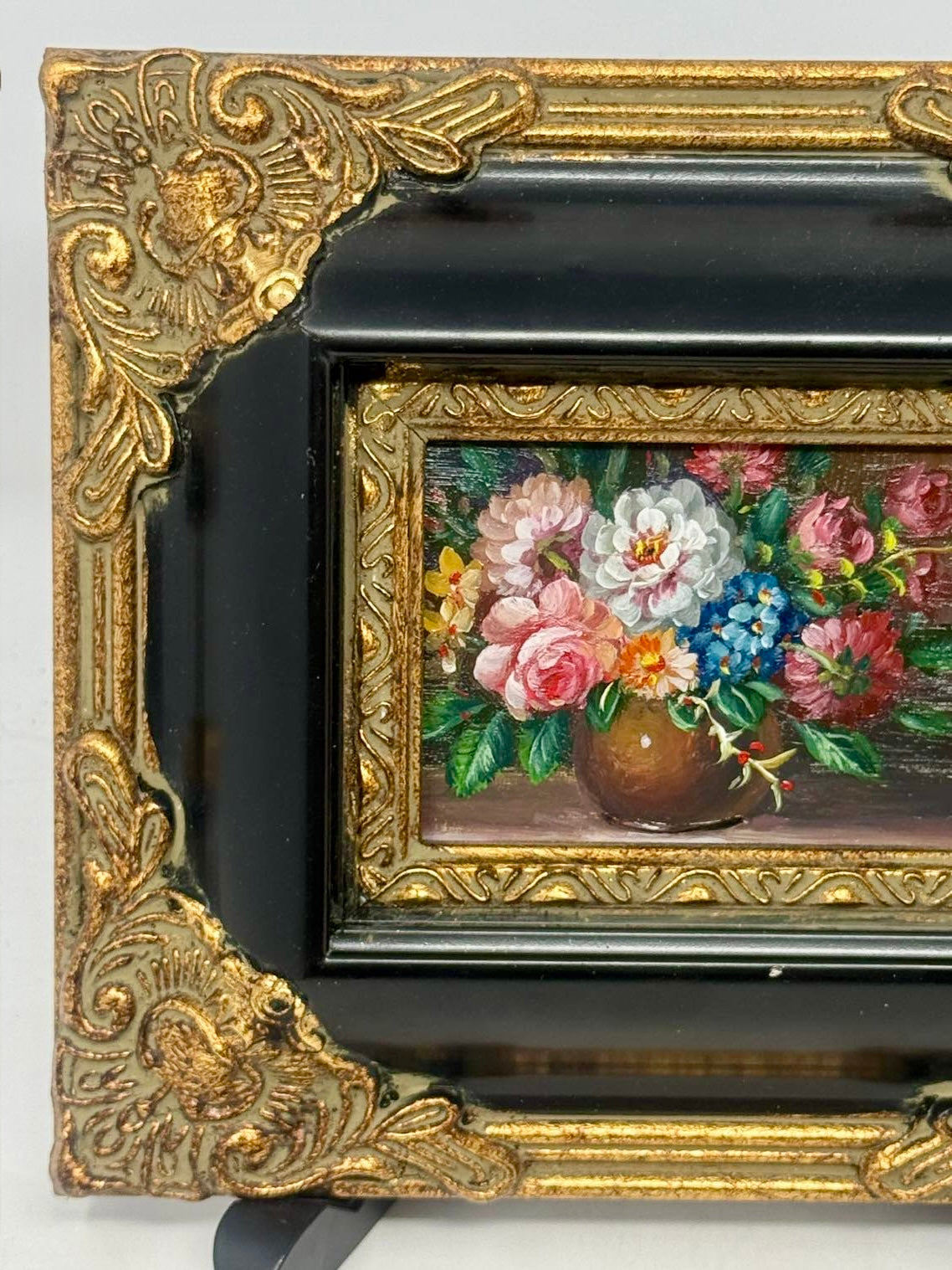 Vintage Mini Floral Still Life Painting Ornate Black Gold Frame 8x7
