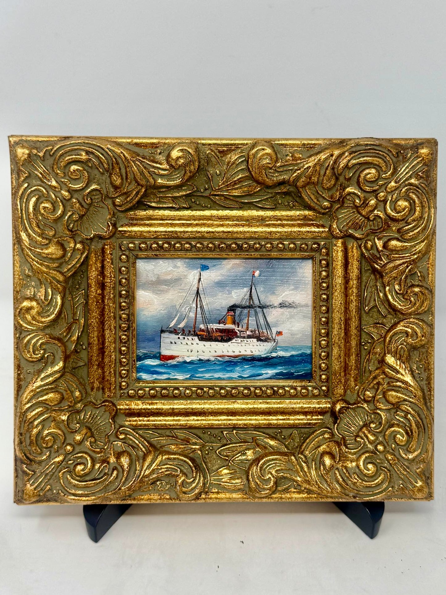 Vintage Mini Steamship Painting Gold Frame 8x7