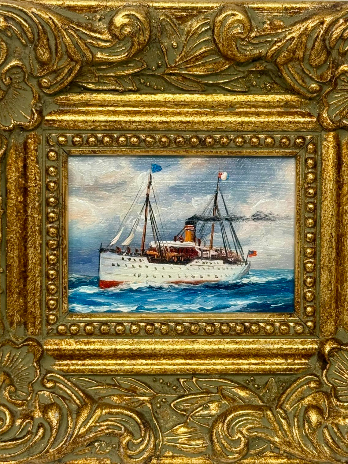 Vintage Mini Steamship Painting Gold Frame 8x7