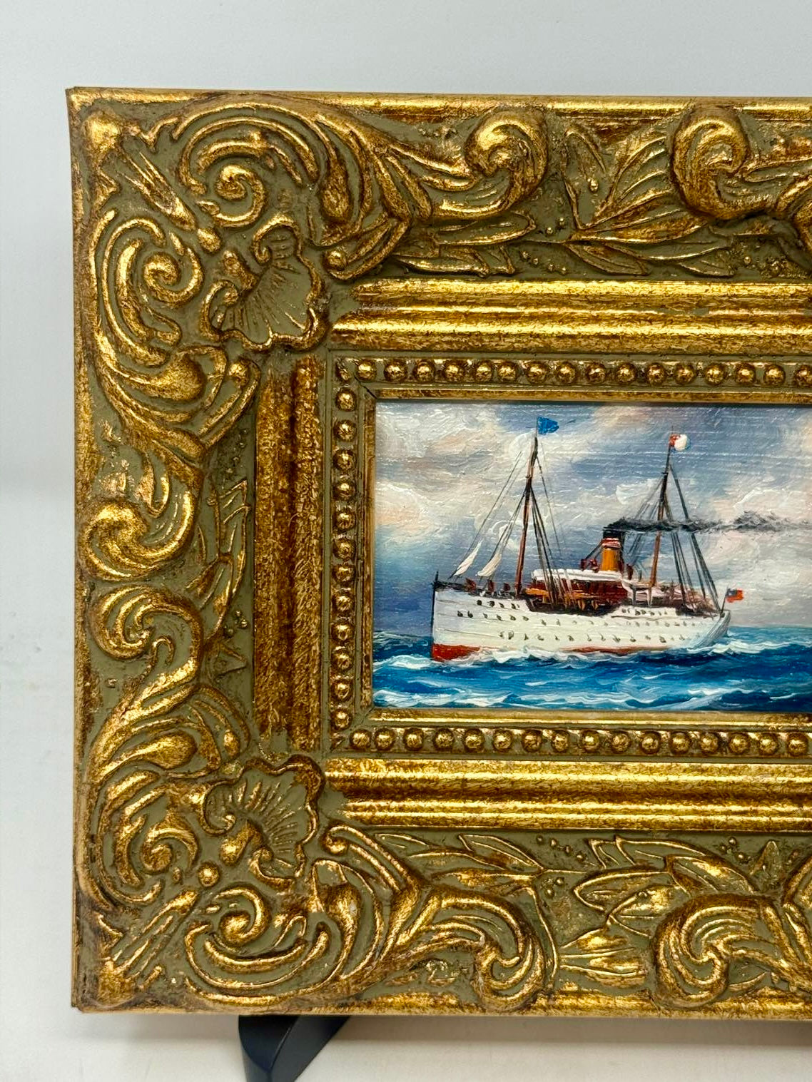Vintage Mini Steamship Painting Gold Frame 8x7