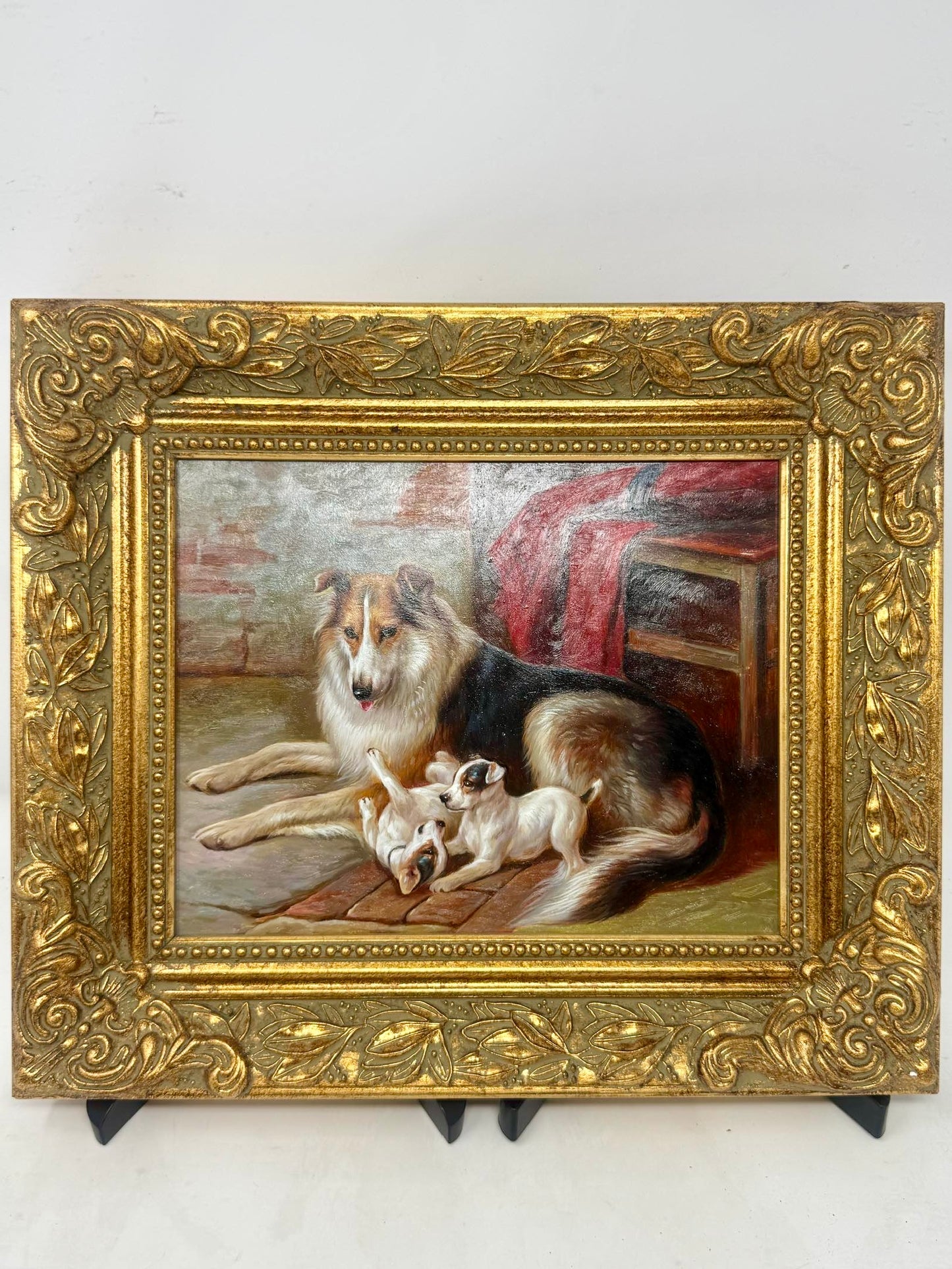 Framed Collie Dog Puppies Painting Ornate Gold Frame Pet Wall Art