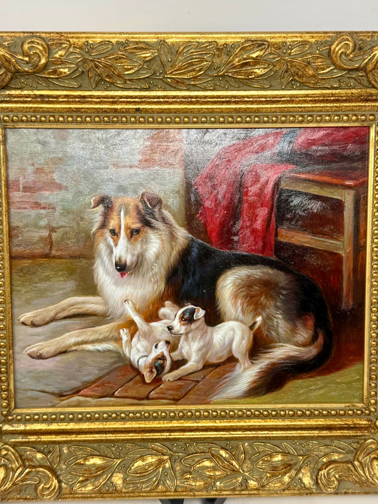 Framed Collie Dog Puppies Painting Ornate Gold Frame Pet Wall Art