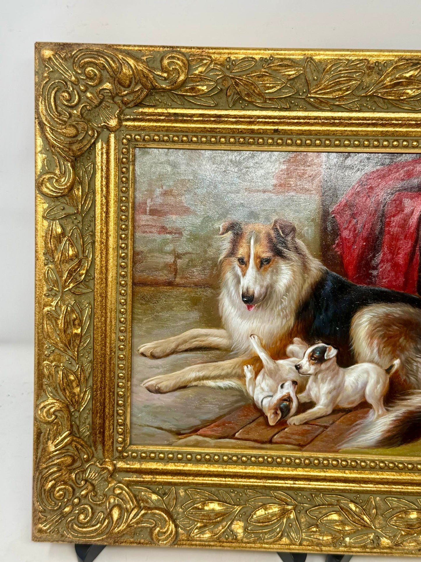 Framed Collie Dog Puppies Painting Ornate Gold Frame Pet Wall Art