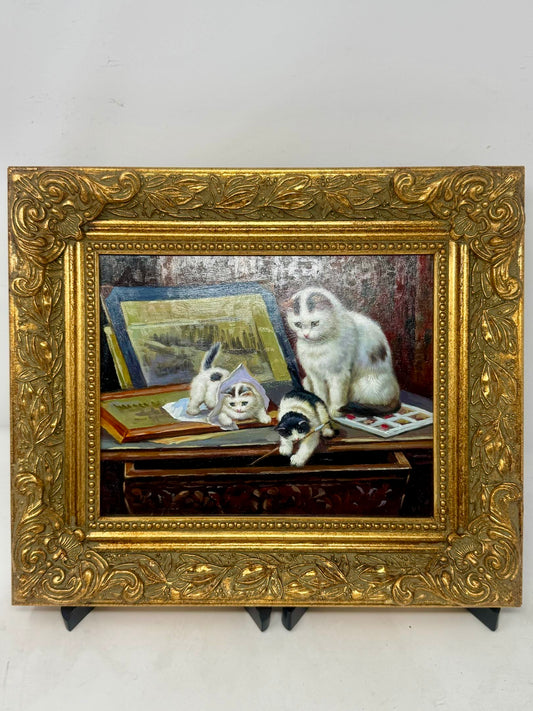 Framed Cat and Kittens Painting Ornate Gold Frame Animal Wall Art