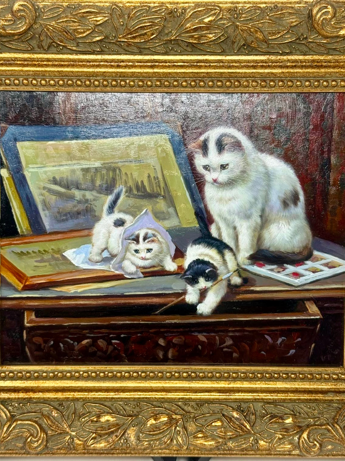 Framed Cat and Kittens Painting Ornate Gold Frame Animal Wall Art