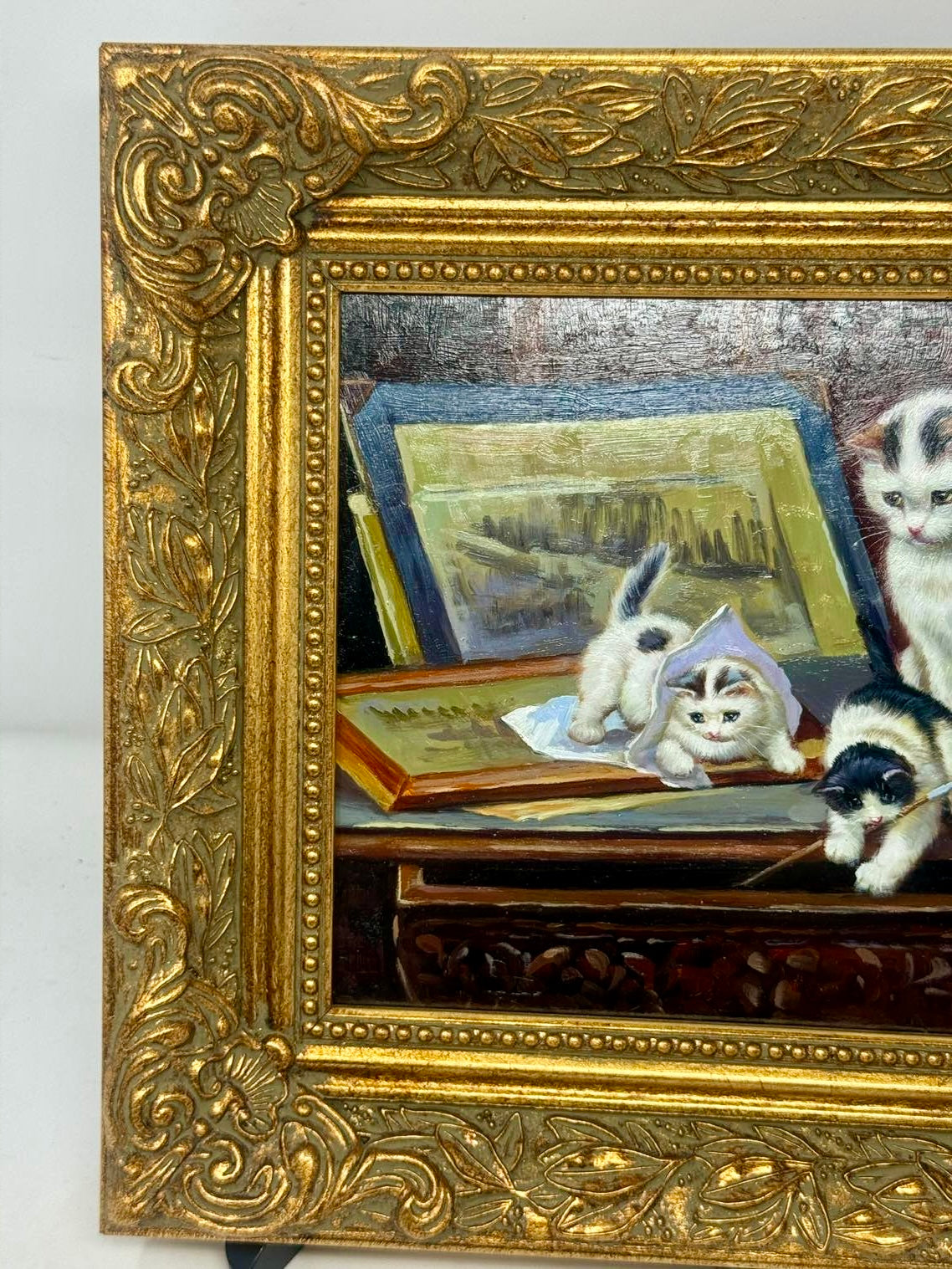 Framed Cat and Kittens Painting Ornate Gold Frame Animal Wall Art