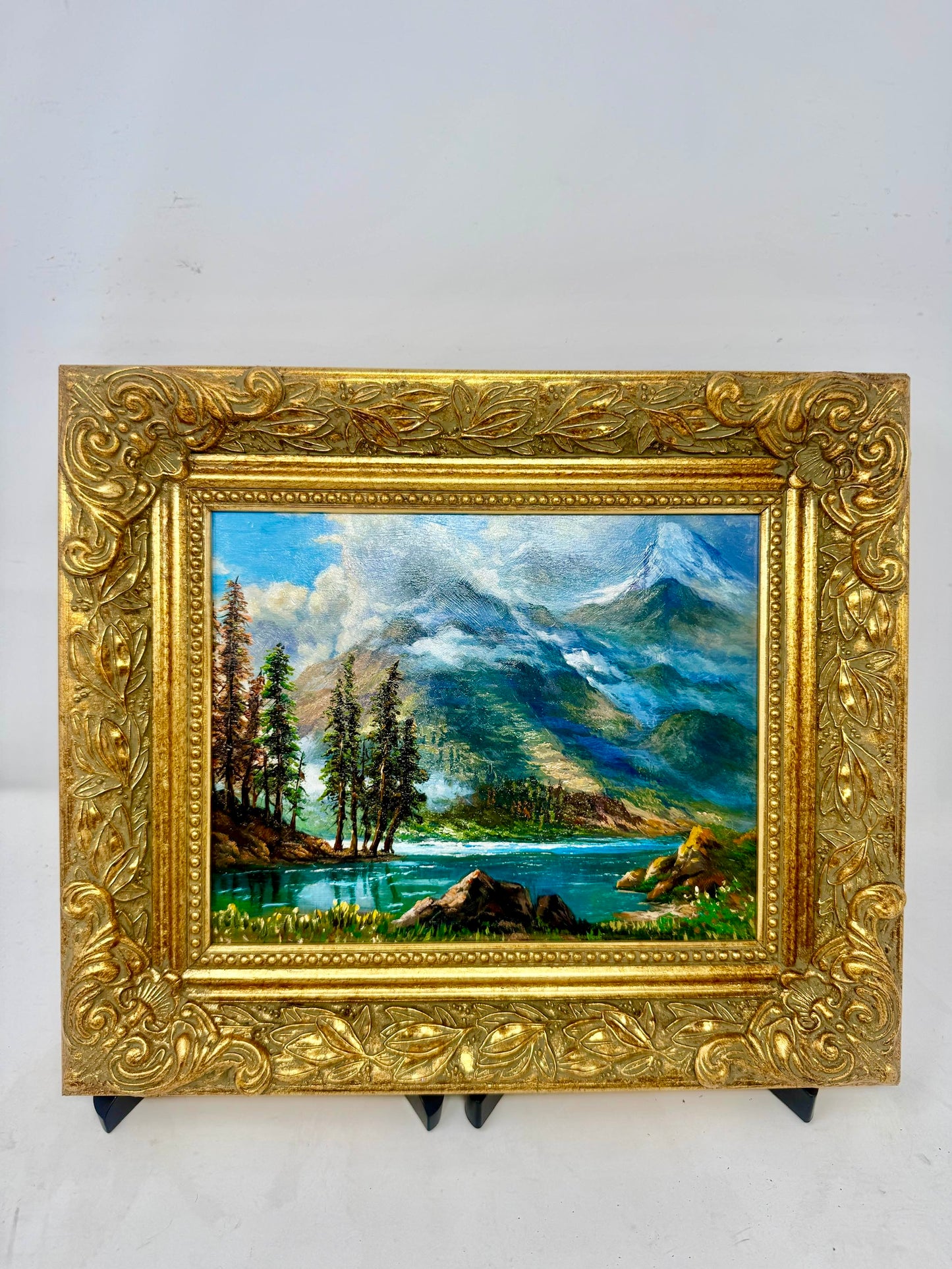 Vintage Ornate Gold Frame Mountain Lake Landscape Oil Painting Wall Art