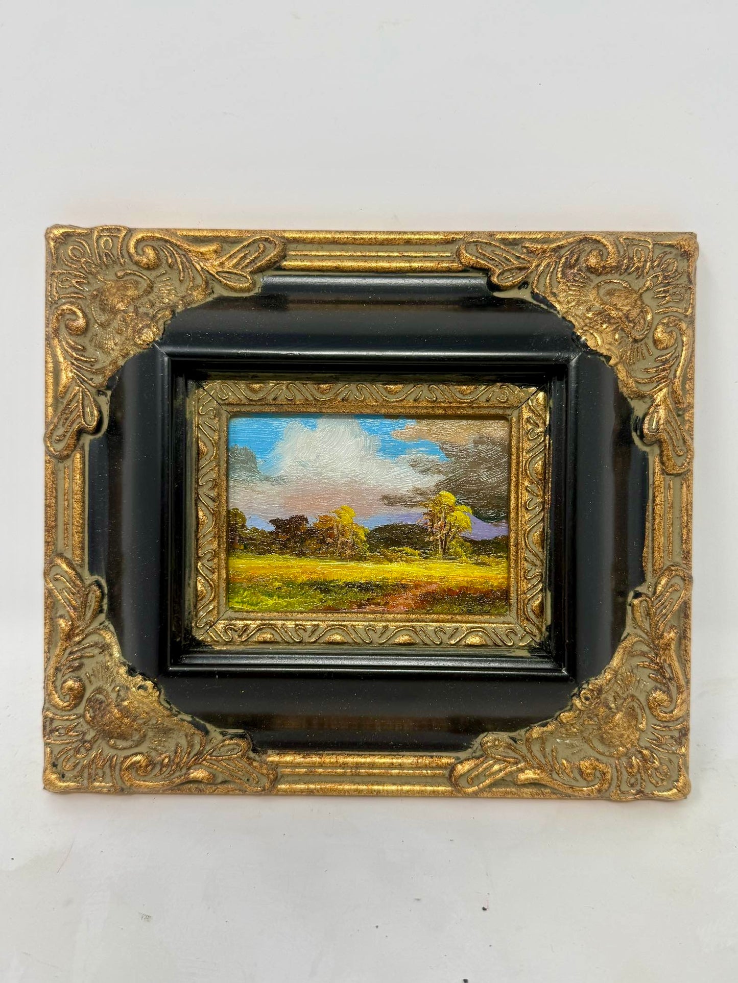 Vintage Mini Meadow Landscape Painting Ornate Black Gold Frame 8x7