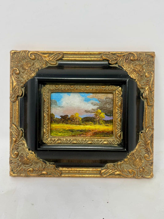 Vintage Mini Meadow Landscape Painting Ornate Black Gold Frame 8x7