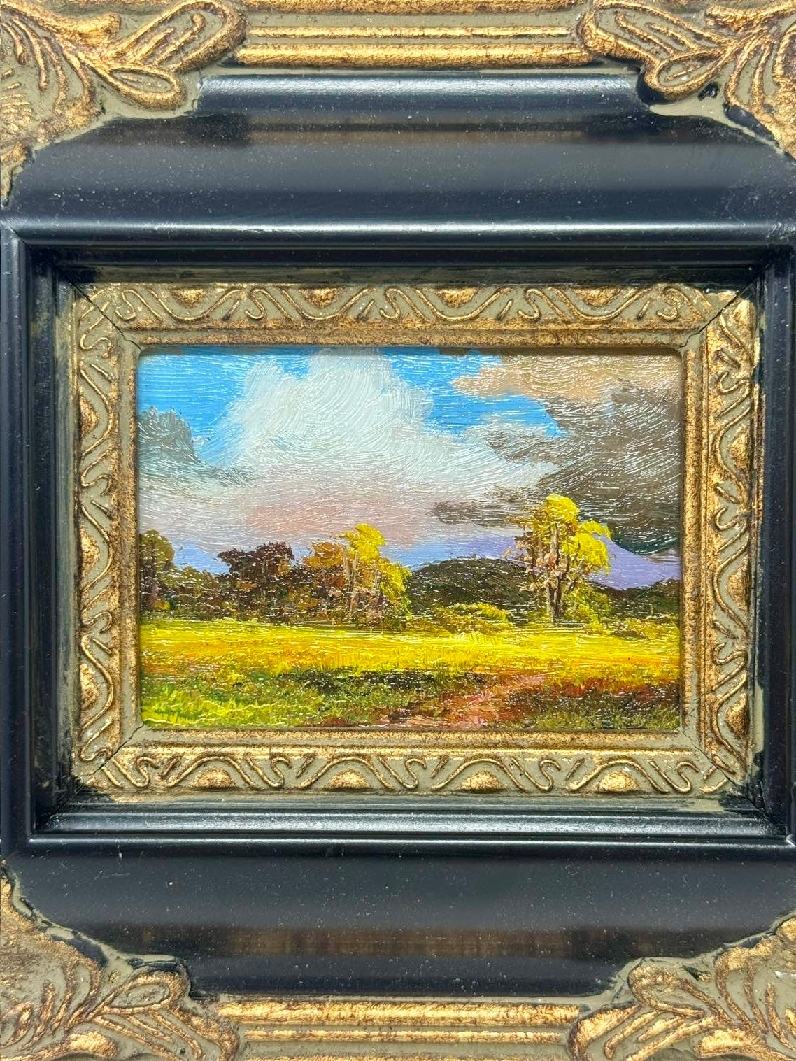Vintage Mini Meadow Landscape Painting Ornate Black Gold Frame 8x7