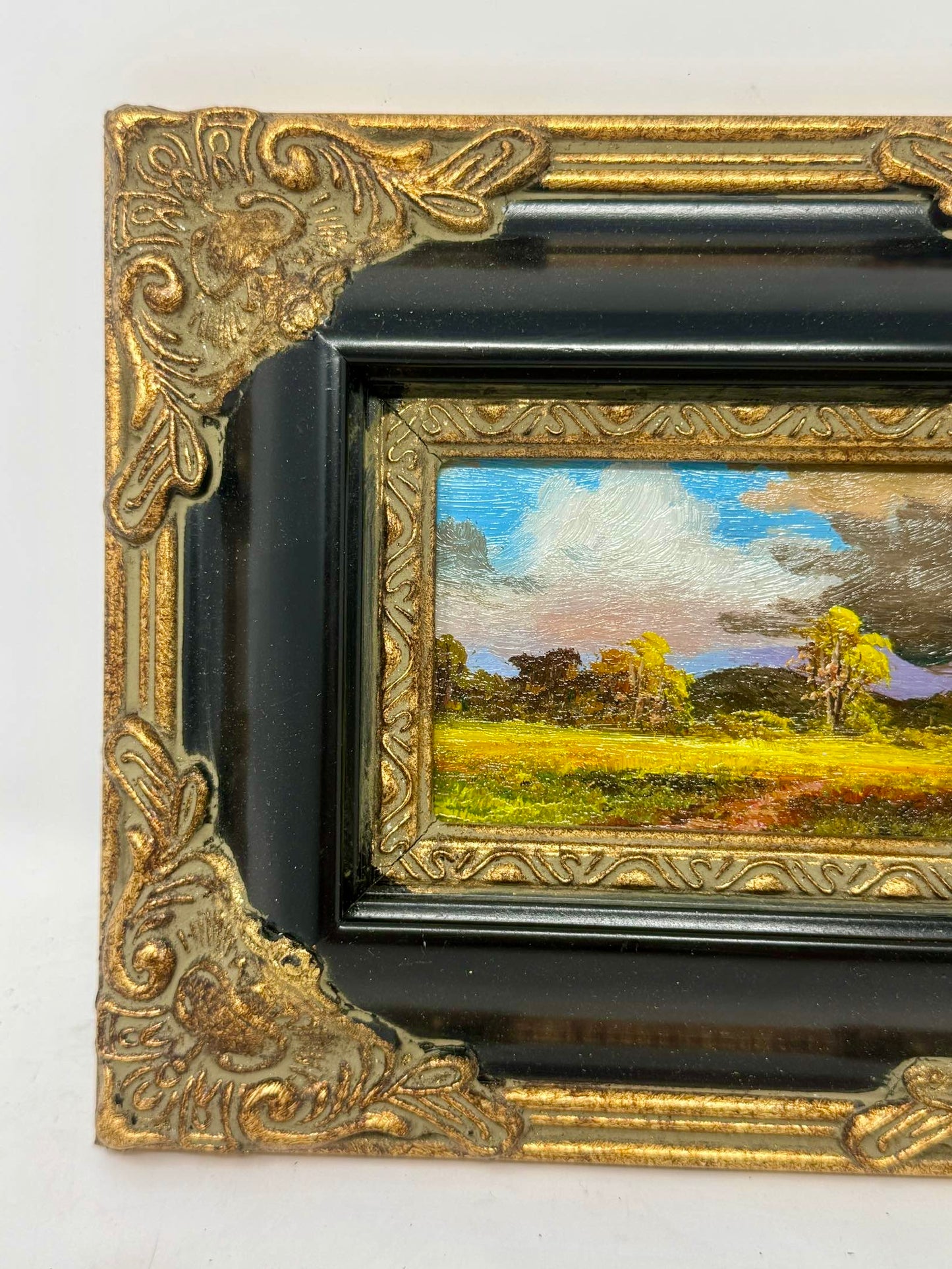 Vintage Mini Meadow Landscape Painting Ornate Black Gold Frame 8x7