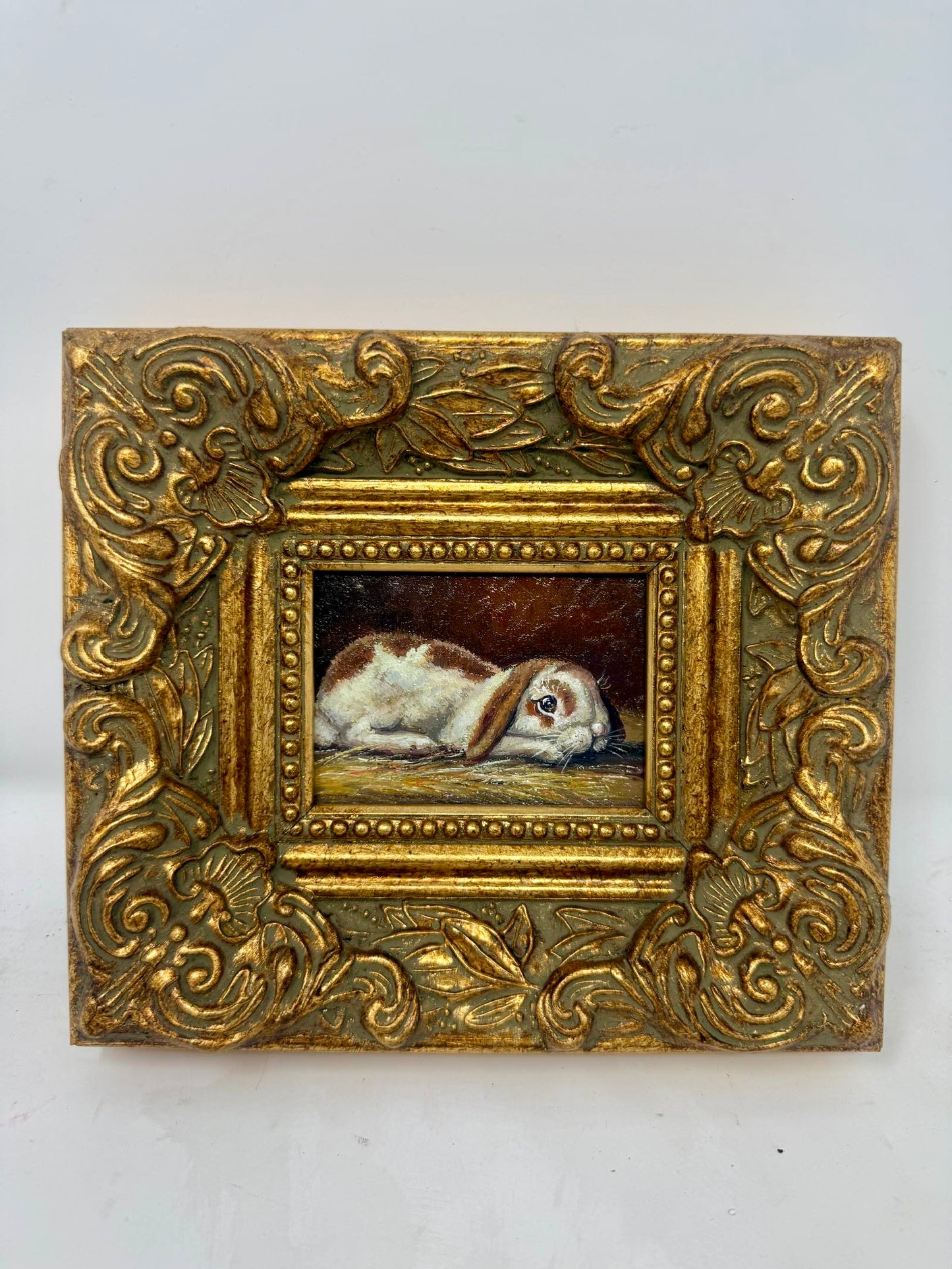 Vintage Mini Bunny Rabbit Painting Ornate Gold Frame 8x7