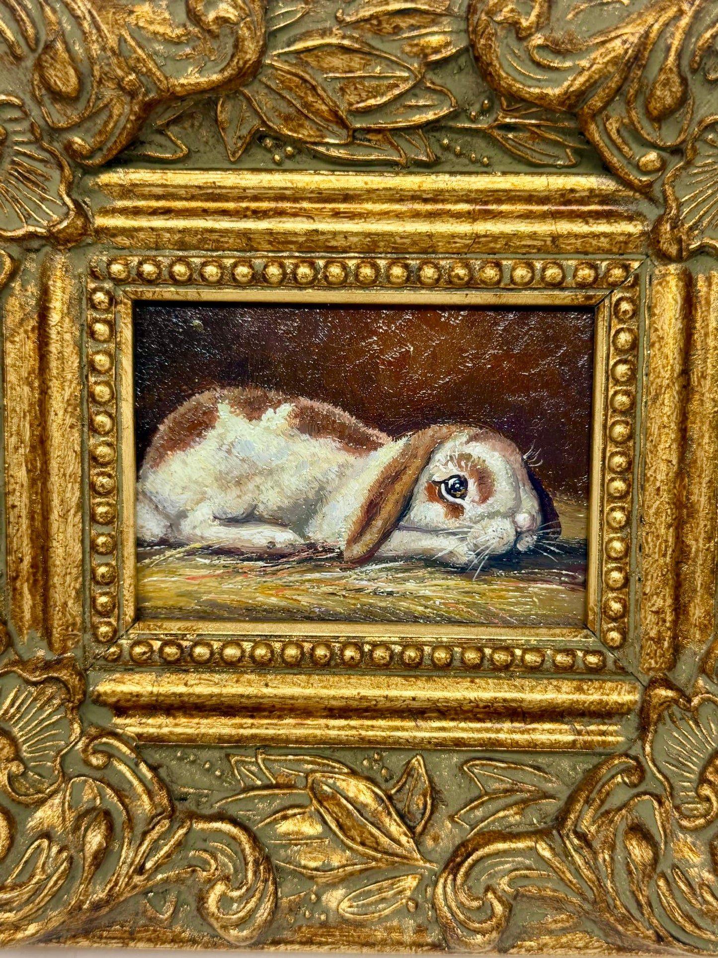 Vintage Mini Bunny Rabbit Painting Ornate Gold Frame 8x7
