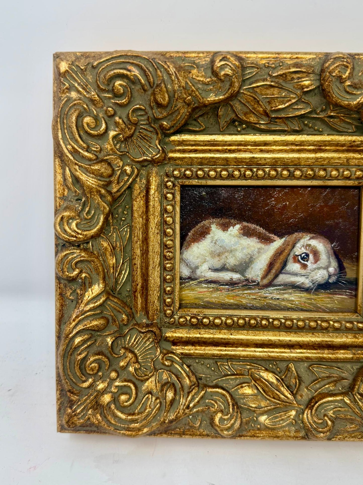 Vintage Mini Bunny Rabbit Painting Ornate Gold Frame 8x7