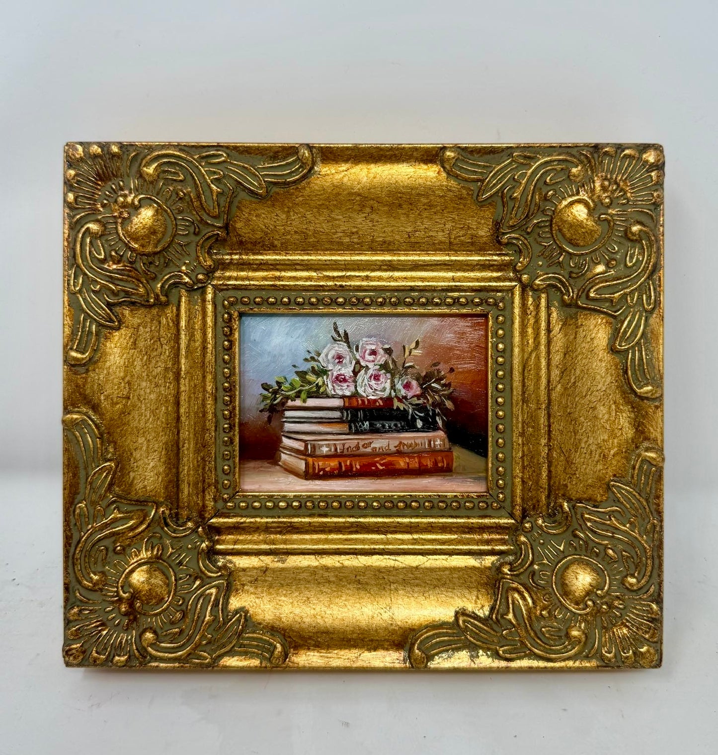 Vintage Mini Books and Flowers Still Life Painting Ornate Gold Frame