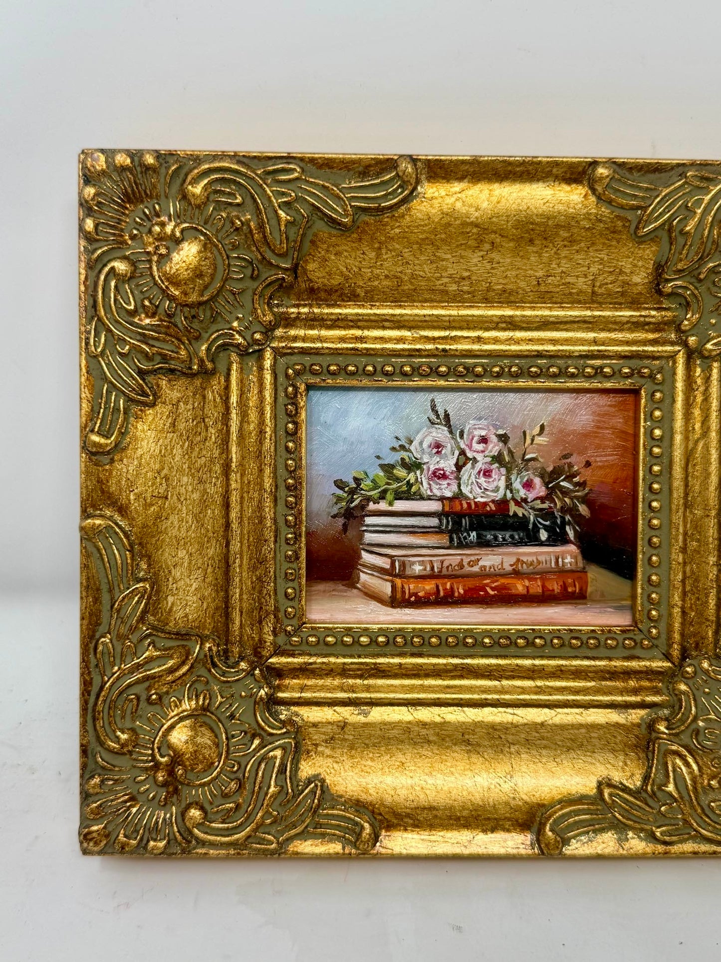 Vintage Mini Books and Flowers Still Life Painting Ornate Gold Frame