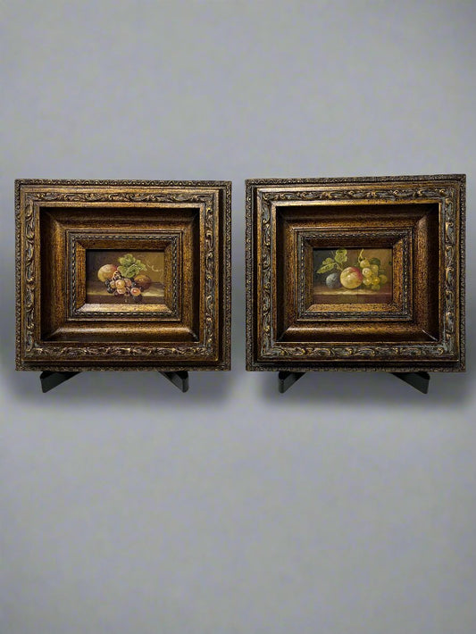 Elegant Still Life Pair in Ornate Antique Frames – Timeless Beauty Captured in Miniature