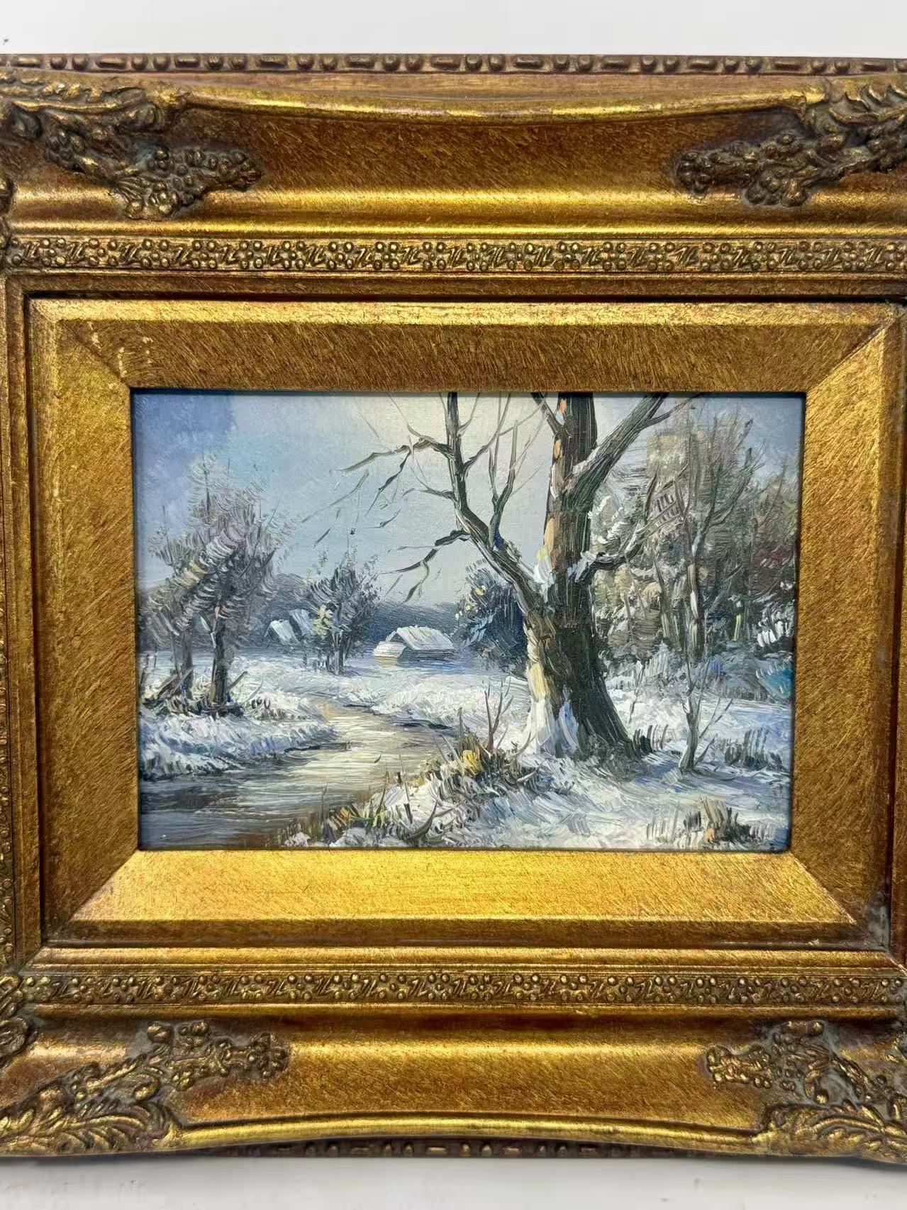 Winter’s Quiet Passage | Framed Snowy Landscape Oil Painting 5×7