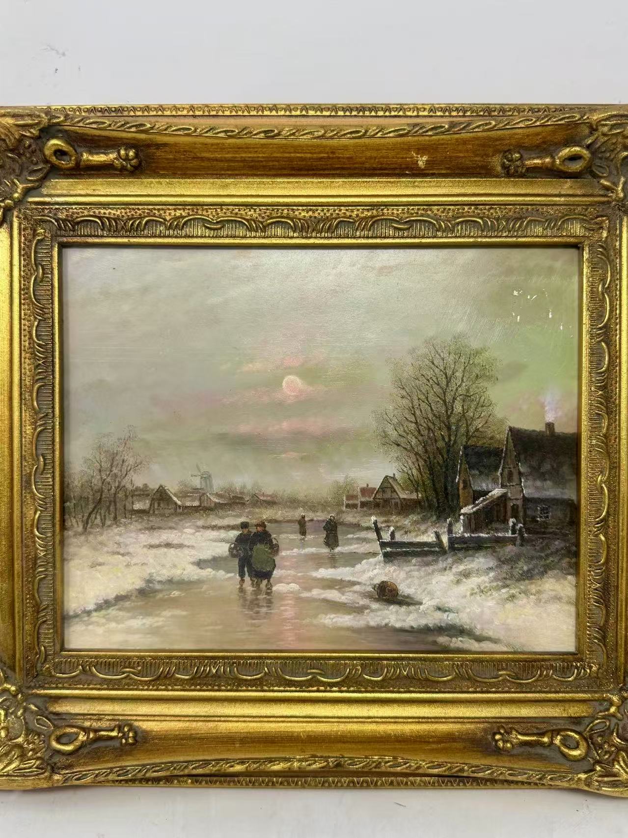 Home Before Nightfall | Framed Winter Village Oil Painting