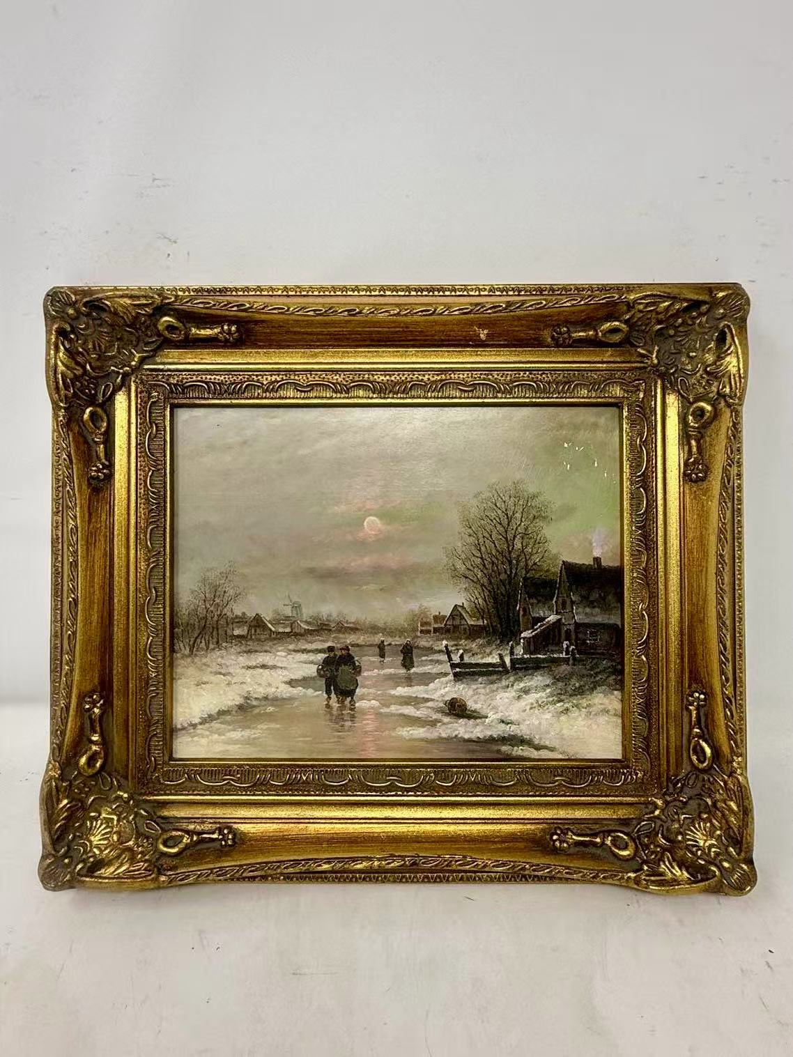 Home Before Nightfall | Framed Winter Village Oil Painting