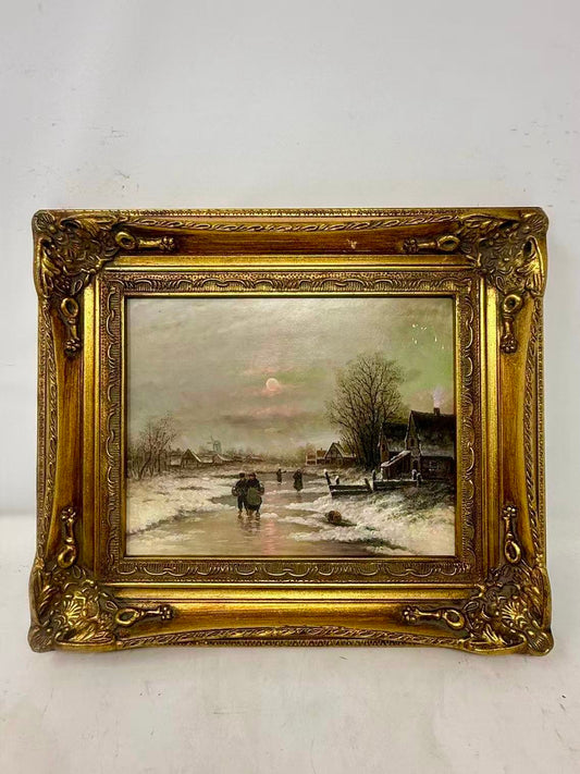 Home Before Nightfall | Framed Winter Village Oil Painting