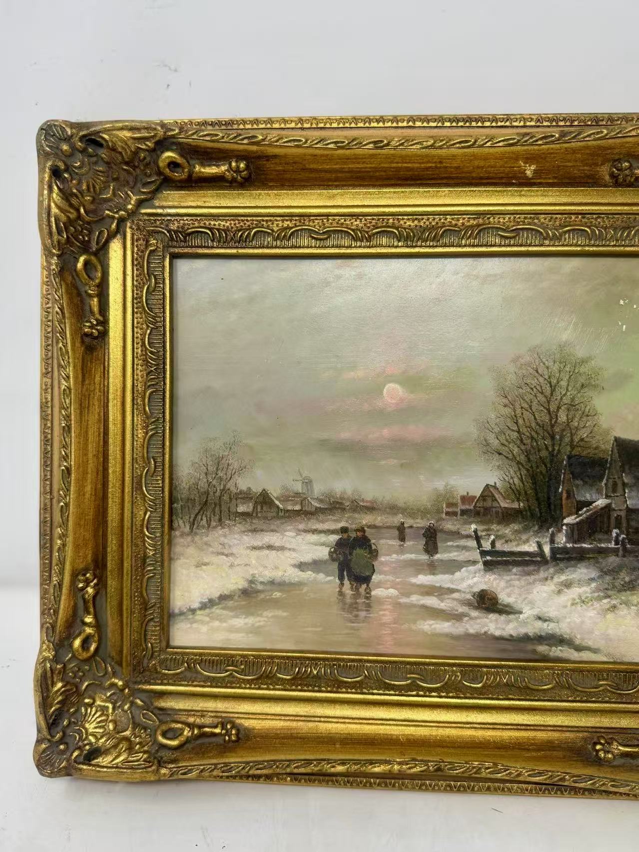 Home Before Nightfall | Framed Winter Village Oil Painting