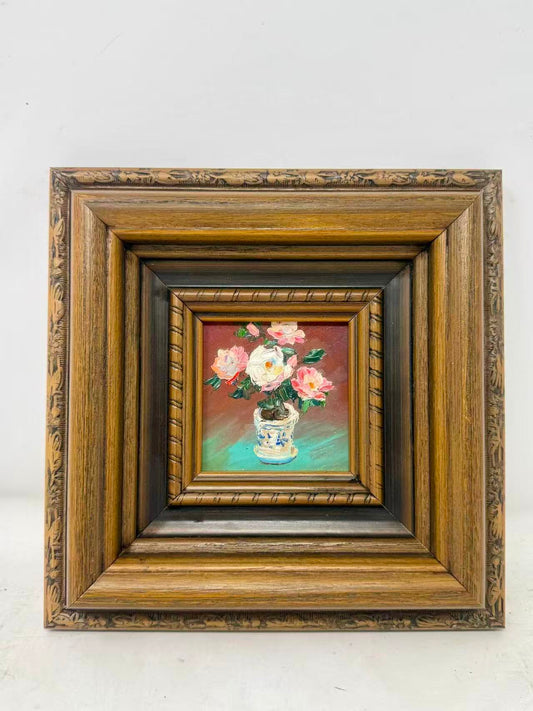 Rose Reverie — Romantic Floral Still Life in an Ornate Wood Frame