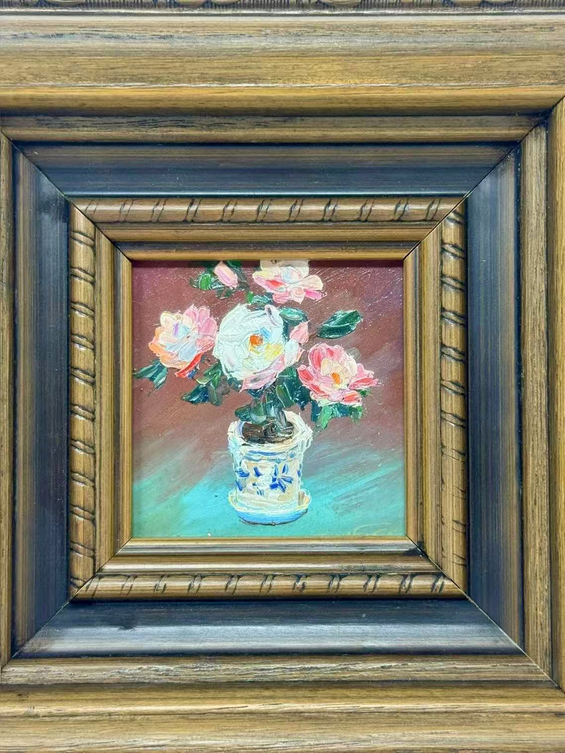 Rose Reverie — Romantic Floral Still Life in an Ornate Wood Frame