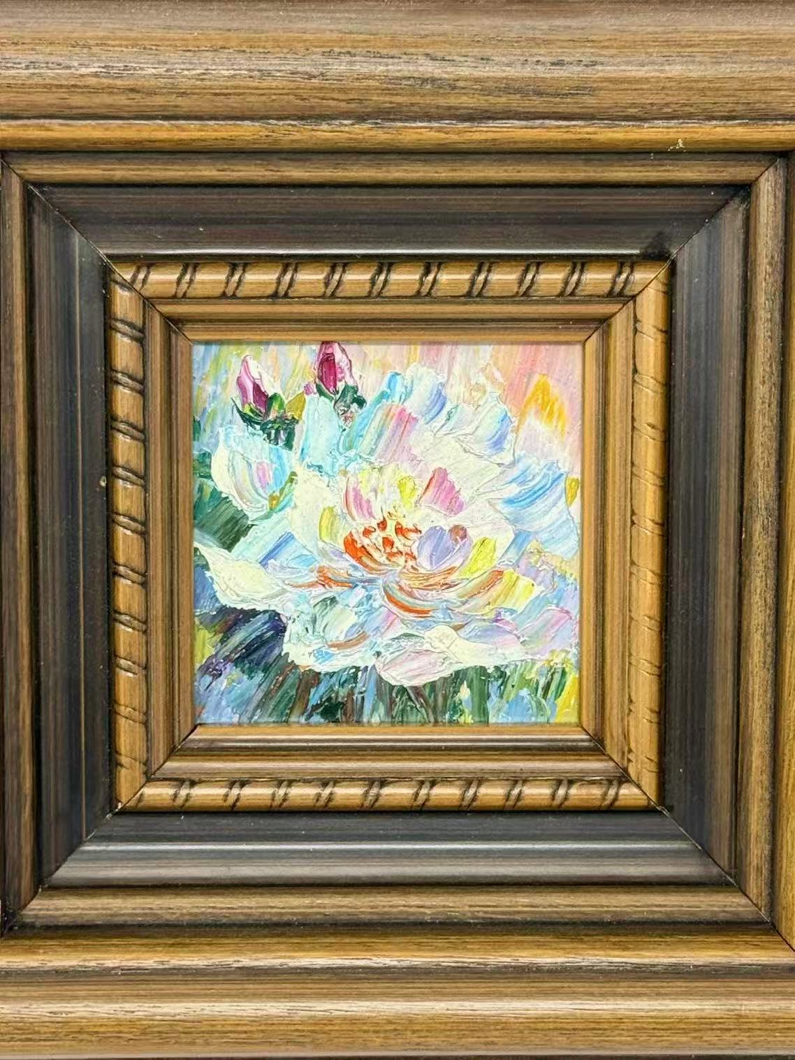 Miniature Impressionist Water Lily Oil Painting in Ornate Wood Frame