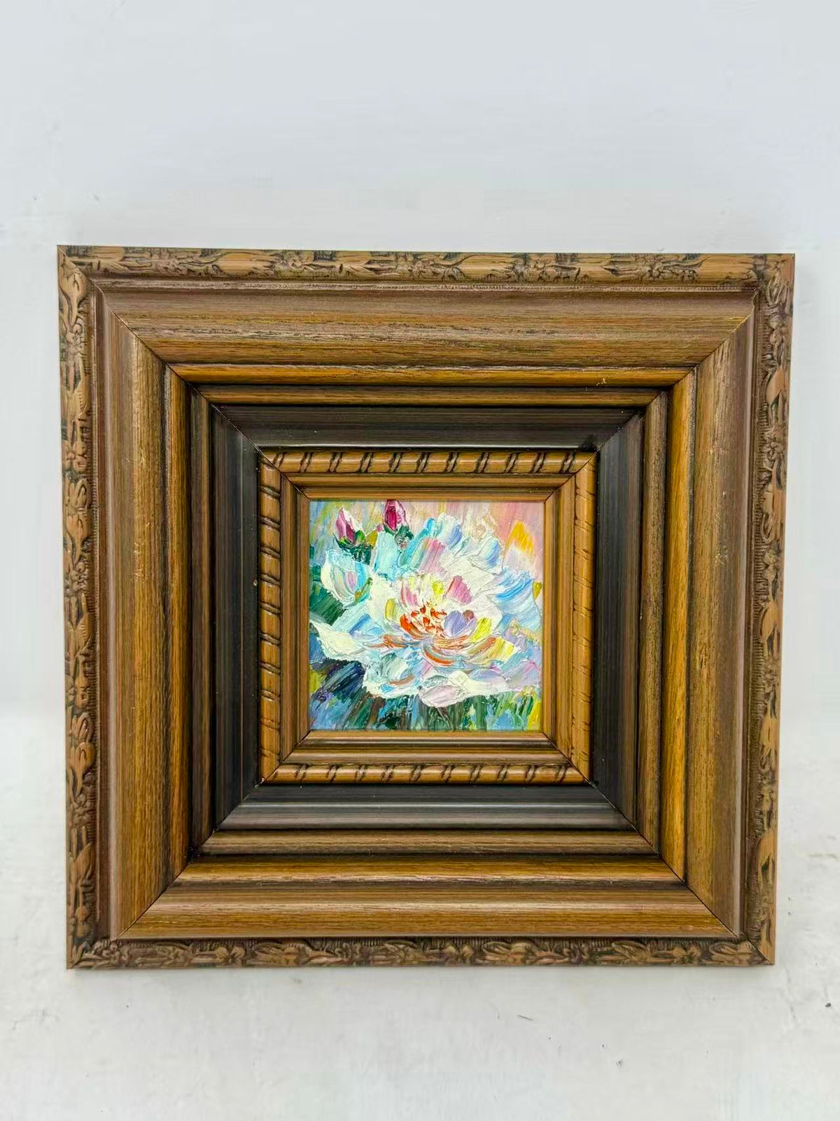 Miniature Impressionist Water Lily Oil Painting in Ornate Wood Frame