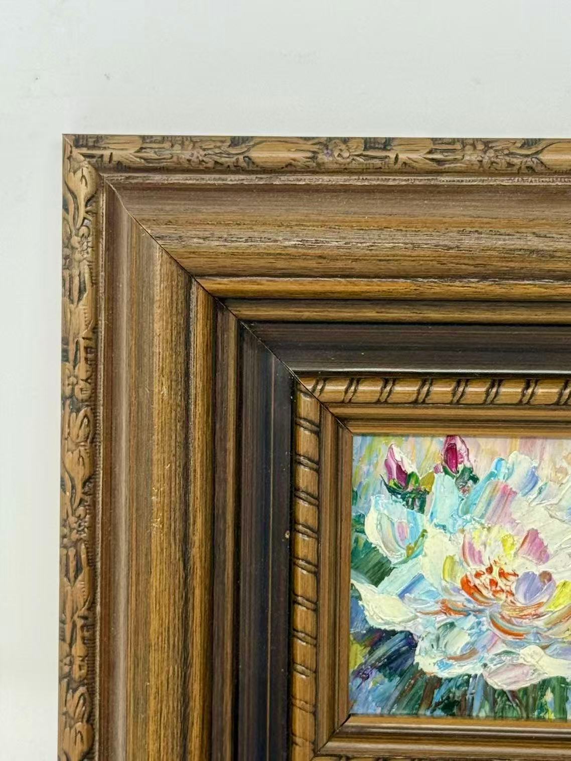 Miniature Impressionist Water Lily Oil Painting in Ornate Wood Frame