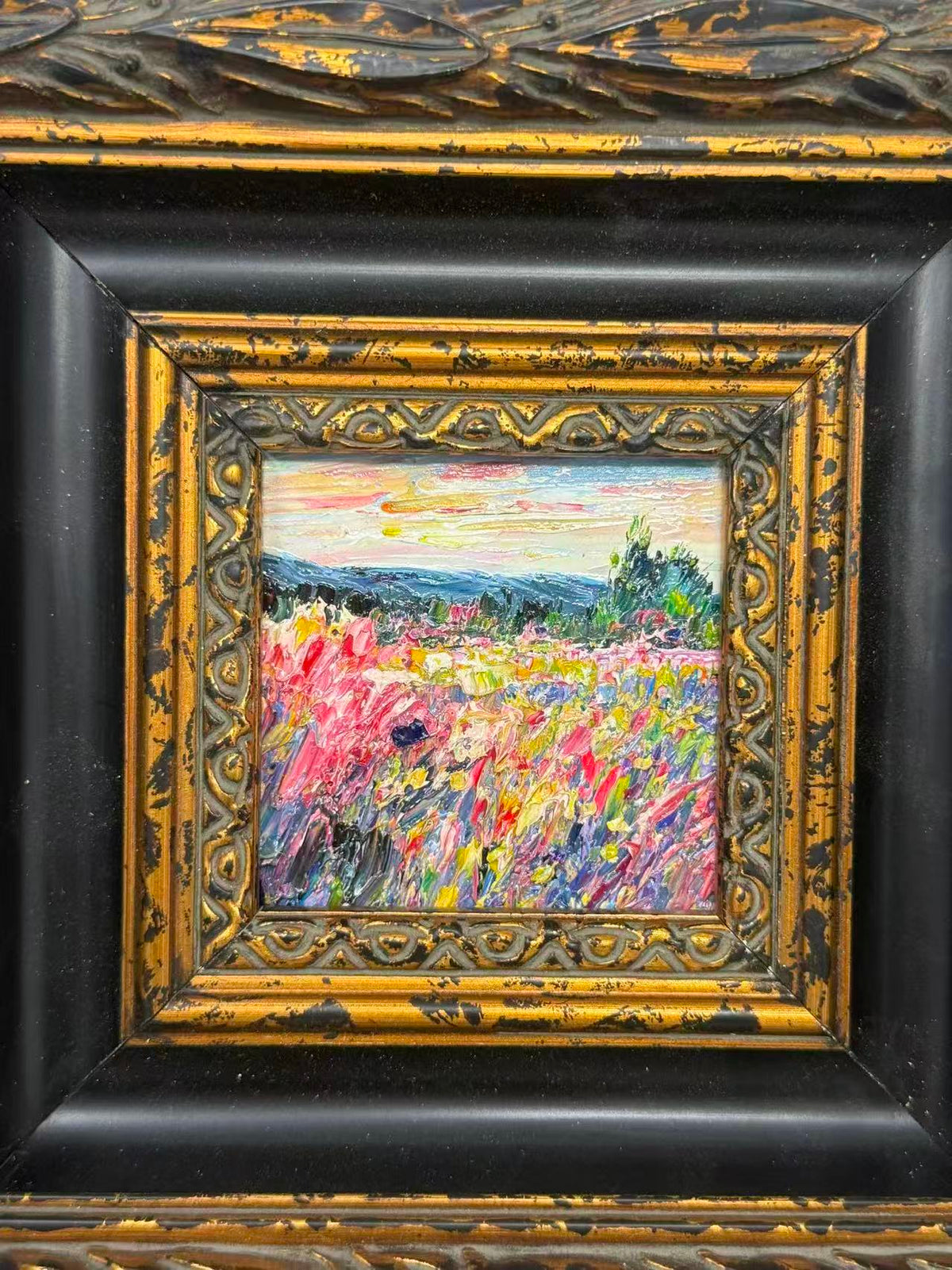 Miniature Wildflower Meadow Oil Painting in Ornate Black & Gold Frame