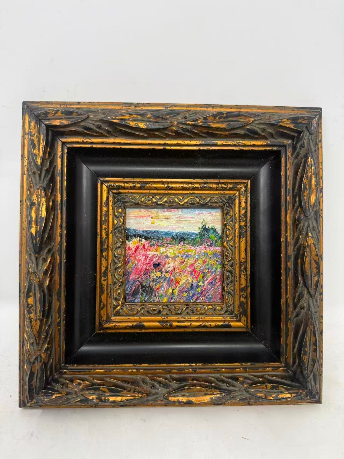Miniature Wildflower Meadow Oil Painting in Ornate Black & Gold Frame