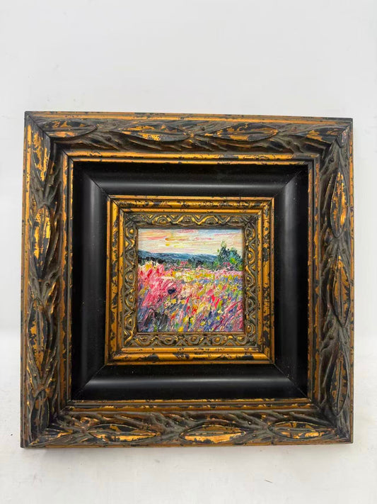 Miniature Wildflower Meadow Oil Painting in Ornate Black & Gold Frame