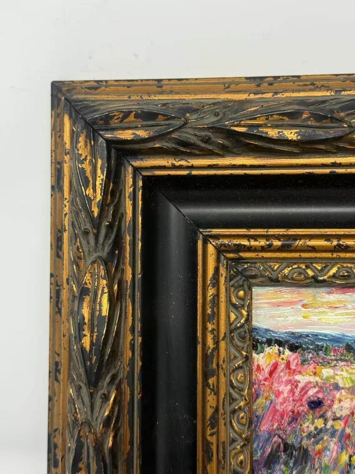 Miniature Wildflower Meadow Oil Painting in Ornate Black & Gold Frame