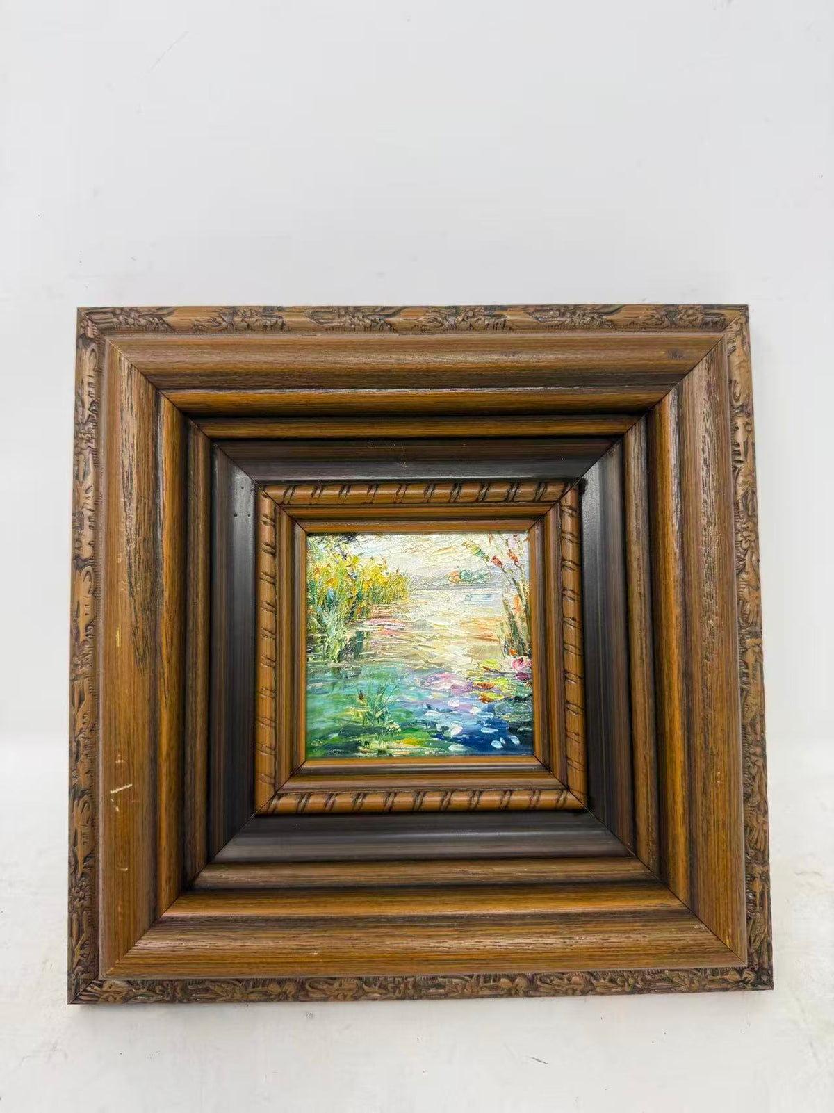 Miniature Impressionist Garden Pond Oil Painting in Ornate Wood Frame