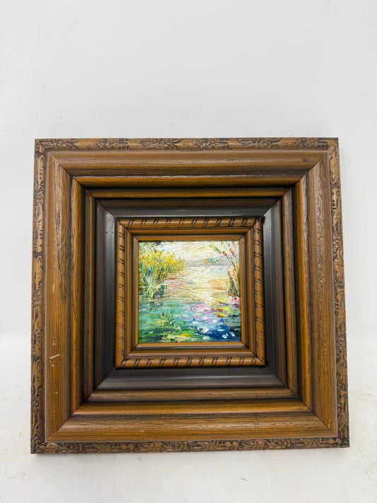 Miniature Impressionist Garden Pond Oil Painting in Ornate Wood Frame
