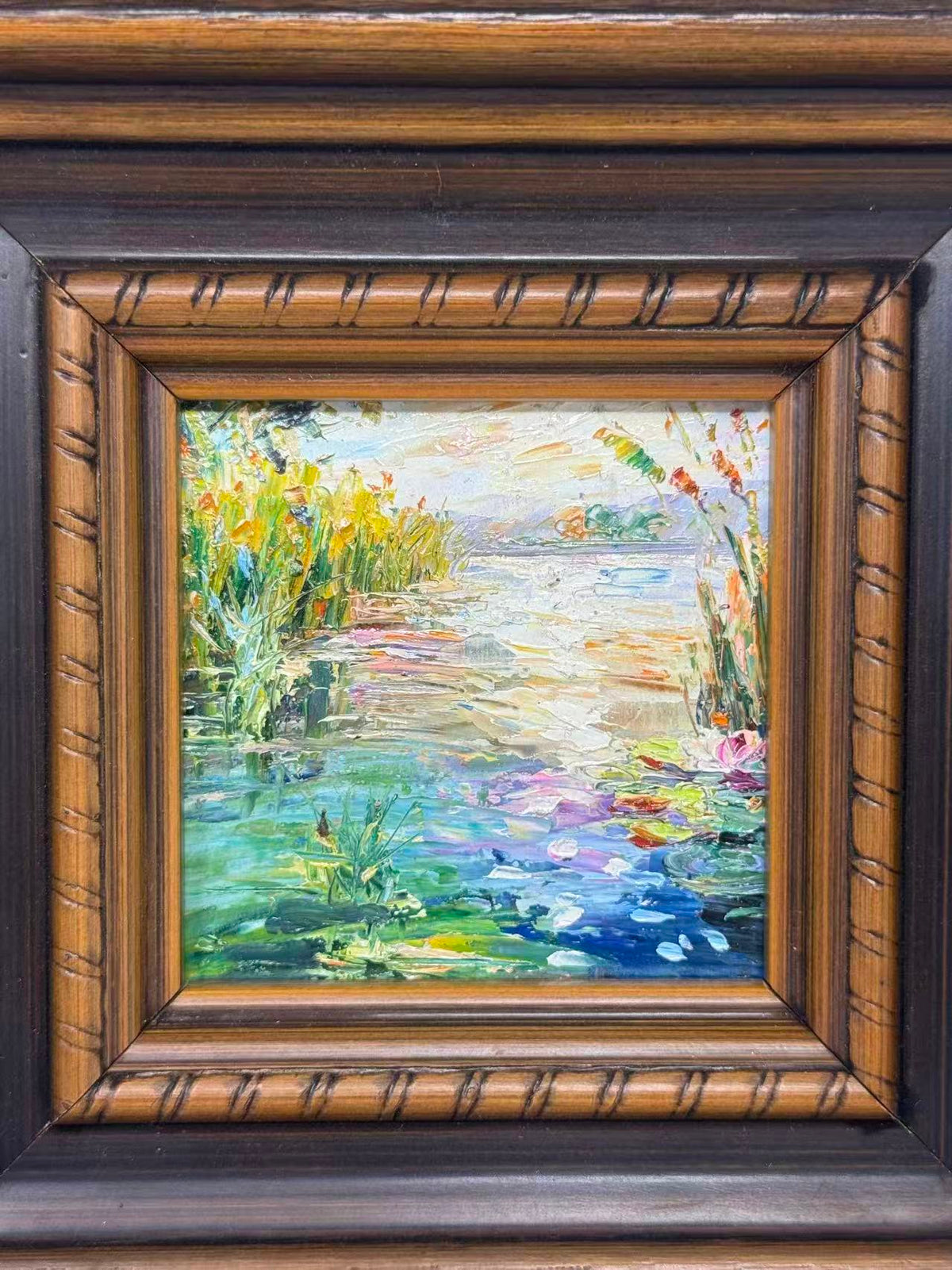 Miniature Impressionist Garden Pond Oil Painting in Ornate Wood Frame