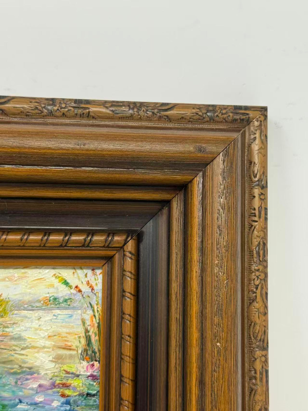 Miniature Impressionist Garden Pond Oil Painting in Ornate Wood Frame