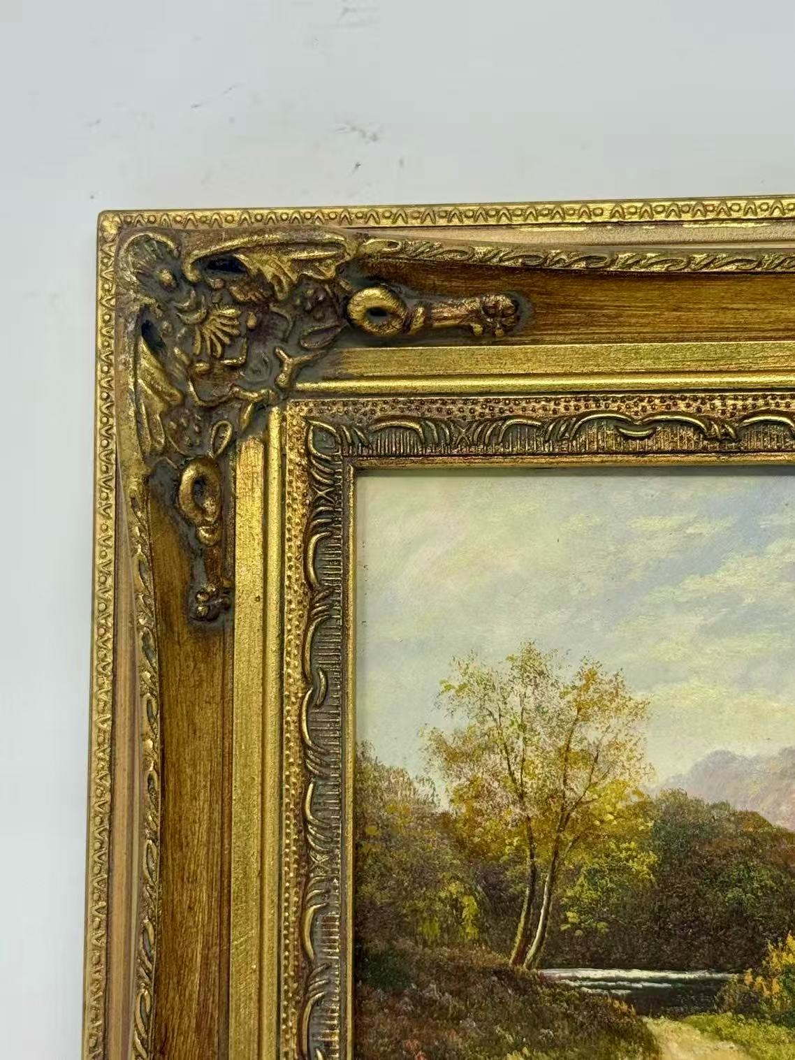 Mountain Lake Landscape Oil Painting in Decorative Gold Frame
