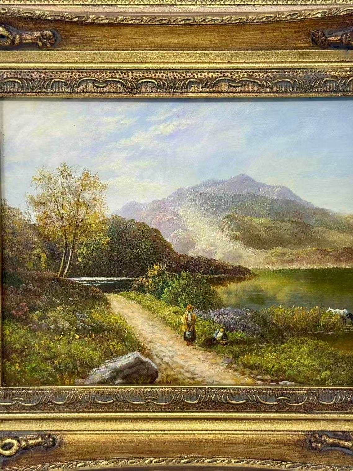 Mountain Lake Landscape Oil Painting in Decorative Gold Frame