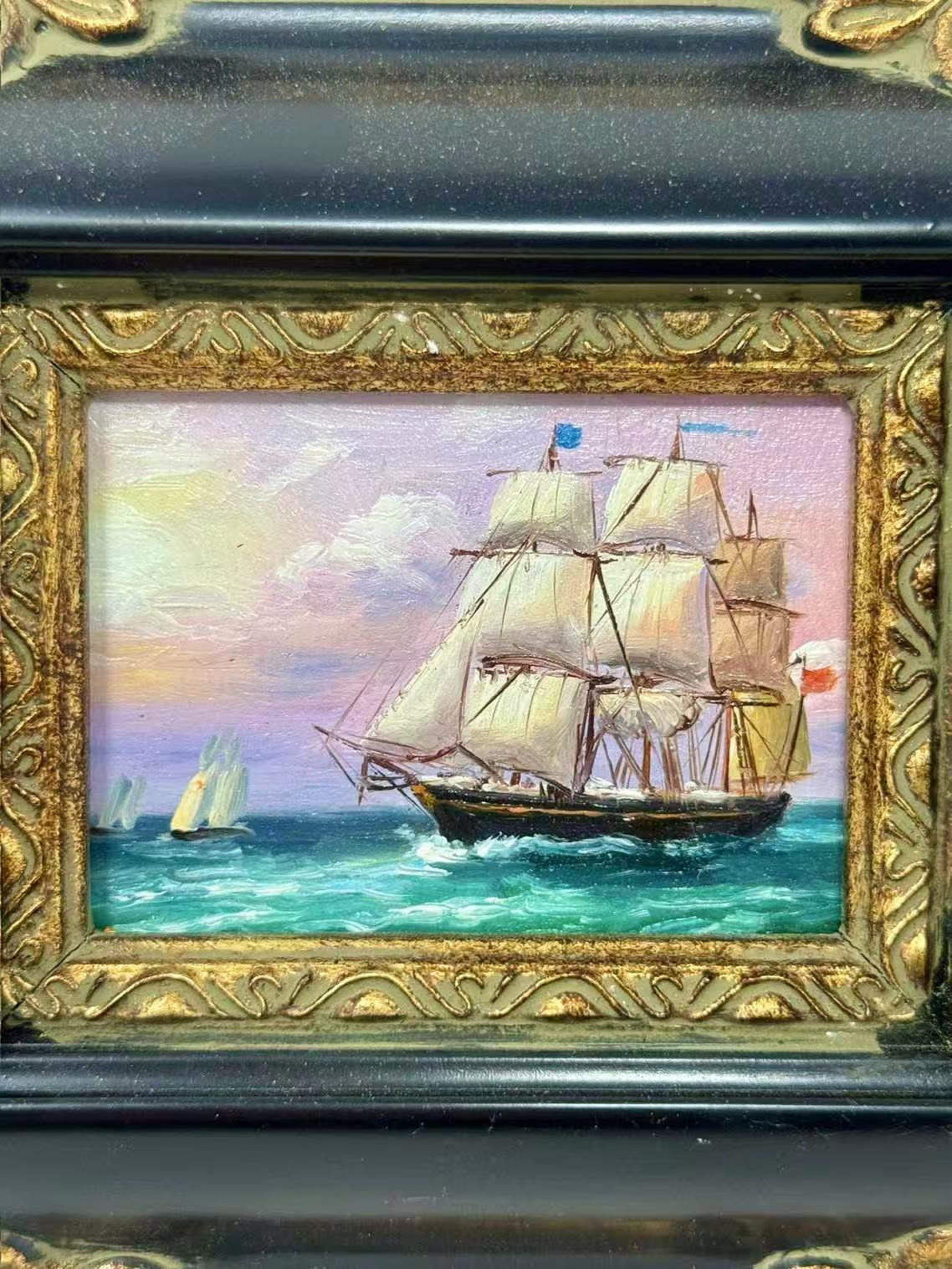 Sailing Ship Seascape Oil Painting in Decorative Black & Gold Frame