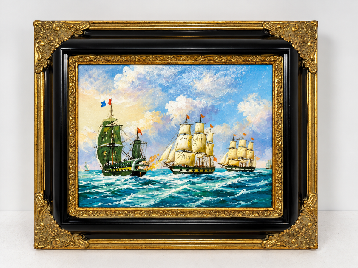 Sailing Ships at Sea Oil Painting in Decorative Black & Gold Frame