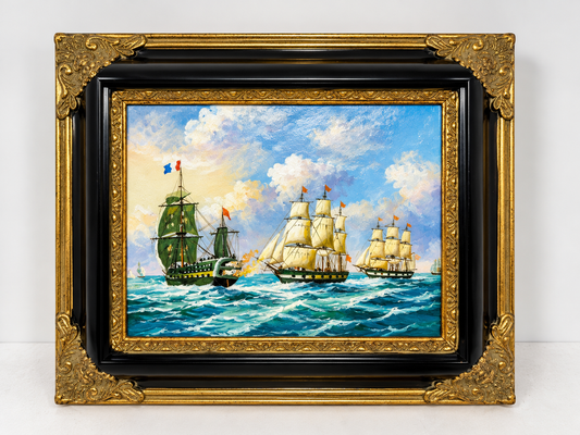 Sailing Ships at Sea Oil Painting in Decorative Black & Gold Frame