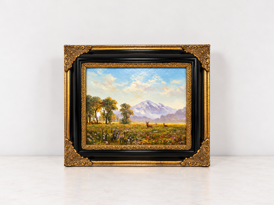 Mountain Meadow with Deer Oil Painting in Decorative Black & Gold Frame