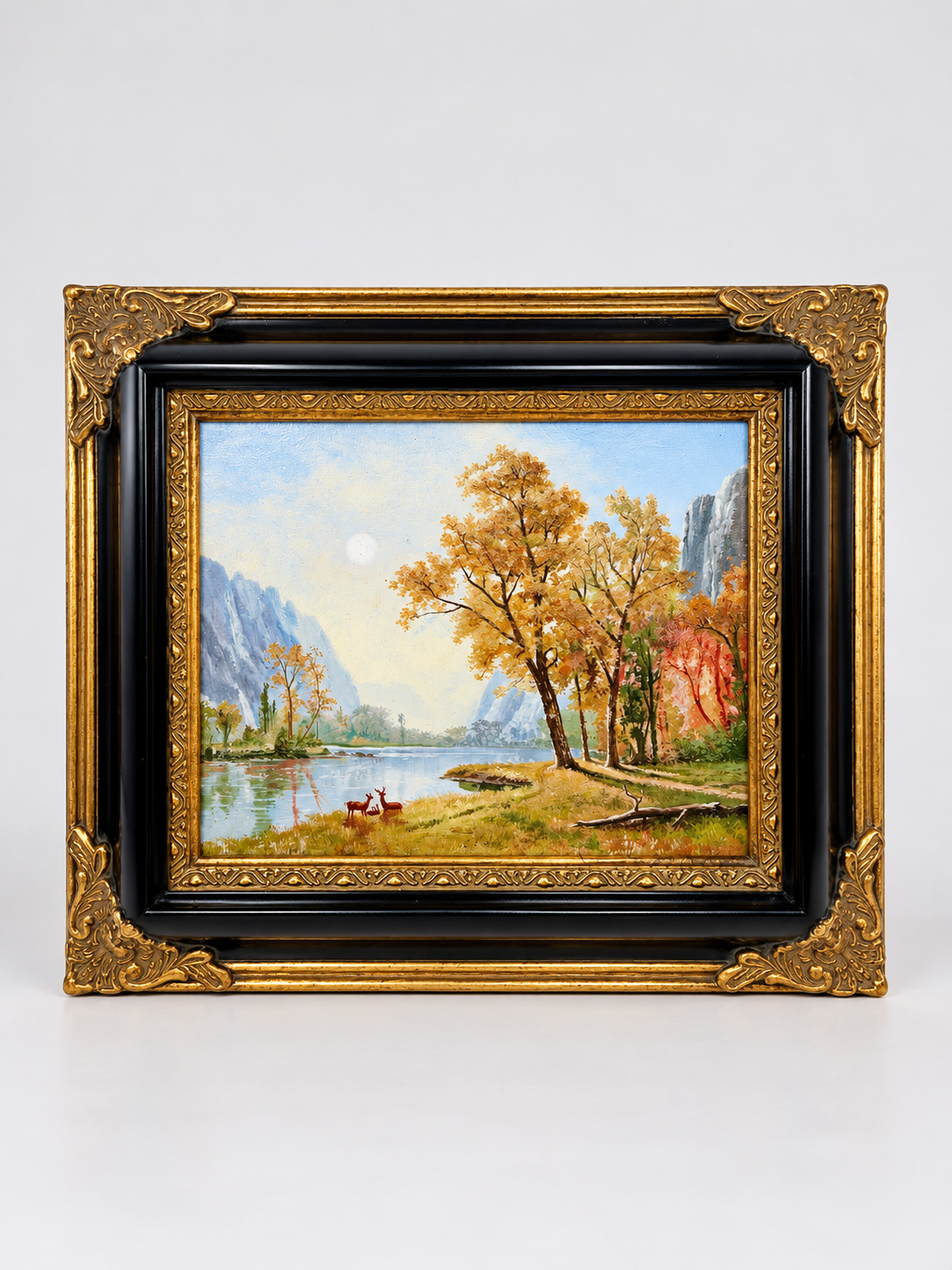 Autumn Mountain Lake Landscape Oil Painting in Decorative Black & Gold Frame